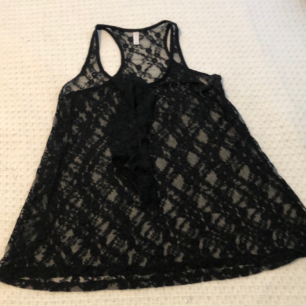 See thru black lace tank top with ruffle down the middle